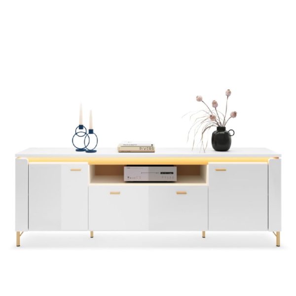 Laughlin LED High Gloss TV Stand With 2 Doors 1 Drawer In White | Bed Sava