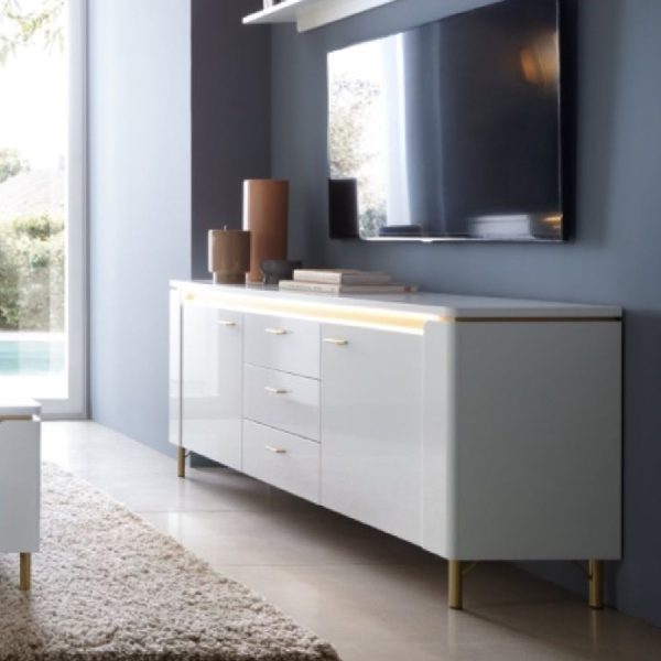 Laughlin LED High Gloss TV Stand With 2 Doors 3 Drawers In White | Bed Sava