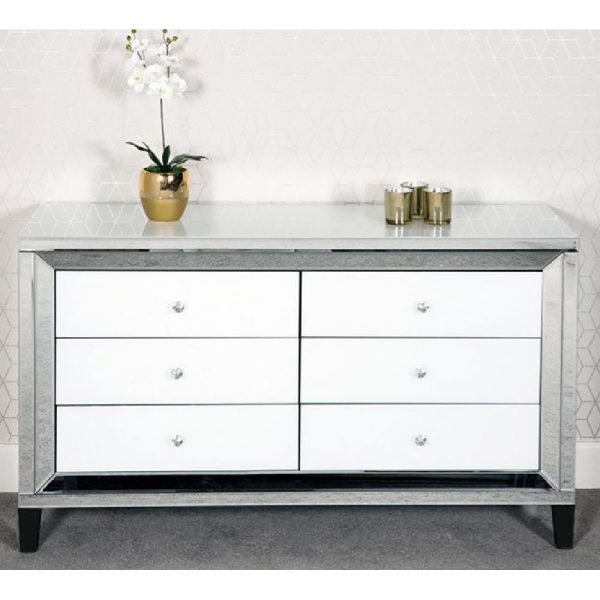 Laughlin Mirrored Chest Of 6 Drawers In Silver And White Gloss | Bed Sava