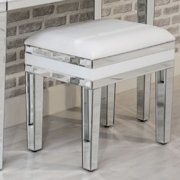 Laughlin Mirrored Dressing Table Stool In Silver And White Gloss | Bed Sava