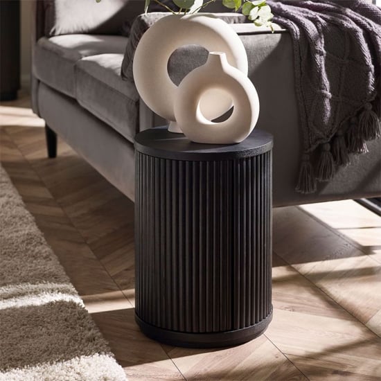 Laurel Fluted Wooden Side Table With Door In Matt Black