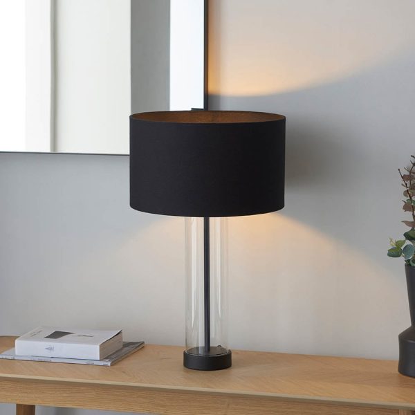 Laurel Glass Fabric Drum Shade Table Lamp In Matt Black | Bed Sava