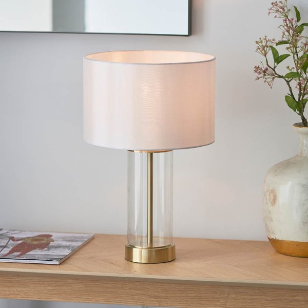 Laurel Glass White Fabric Drum Shade Table Lamp In Satin Brass | Bed Sava