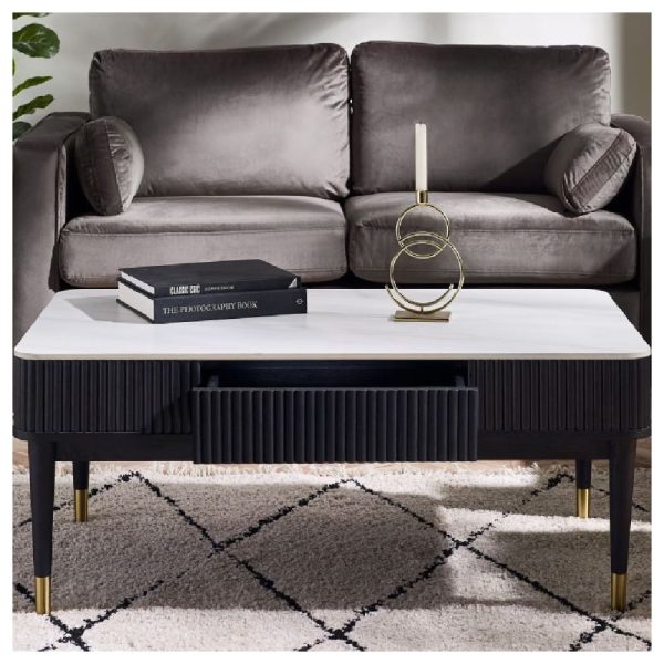 Laurel Stone Lamp Table With Drawer In White Marble Effect | Bed Sava