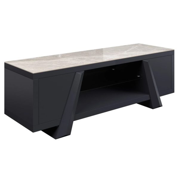 Laval Grey Gloss Ceramic Glass Top TV Stand With Wooden Base | Bed Sava