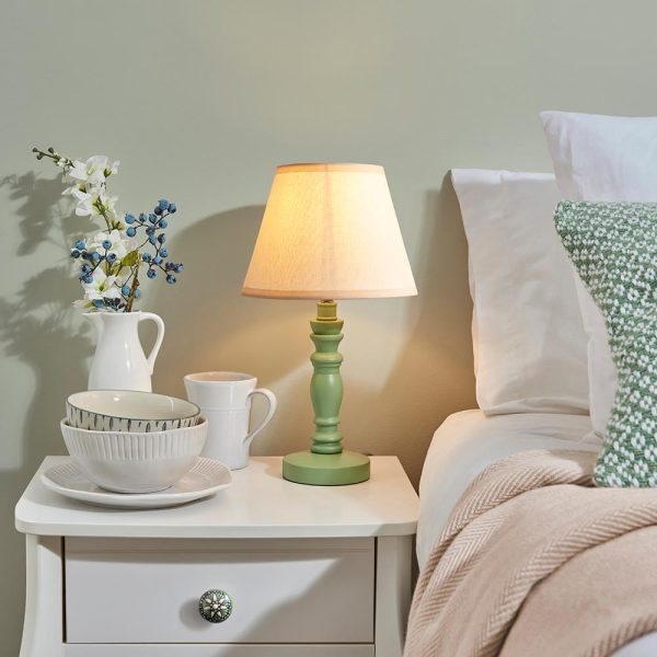Lenoir Vintage White 20cm Shade Wood Table Lamp In Cotswold Green | Bed Sava