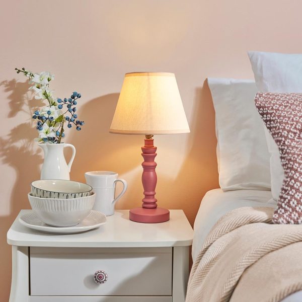 Lenoir Vintage White 20cm Shade Wood Table Lamp In Pink Clay | Bed Sava