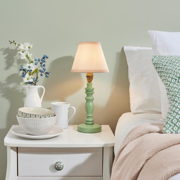 Lenoir Vintage White 16cm Shade Wood Table Lamp In Cotswold Green | Bed Sava