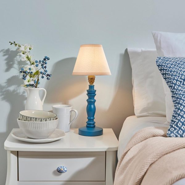 Lenoir Vintage White 16cm Shade Wood Table Lamp In Marlin Blue | Bed Sava