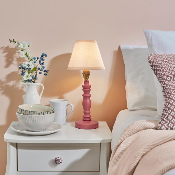 Lenoir Vintage White 16cm Shade Wood Table Lamp In Pink Clay | Bed Sava