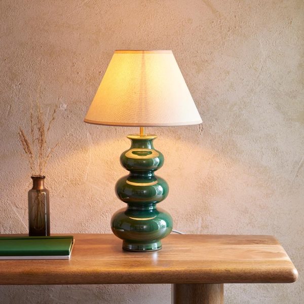 Lenoir White 30cm Shade Ceramic Table Lamp In Gloss Green | Bed Sava