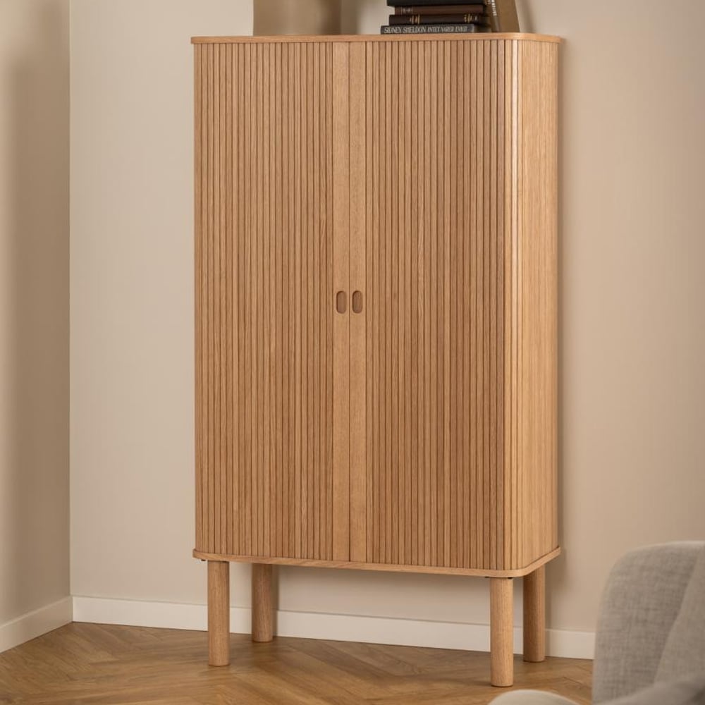 Lewiston Tall Wooden Storage Cabinet With 2 Sliding Doors In Oak