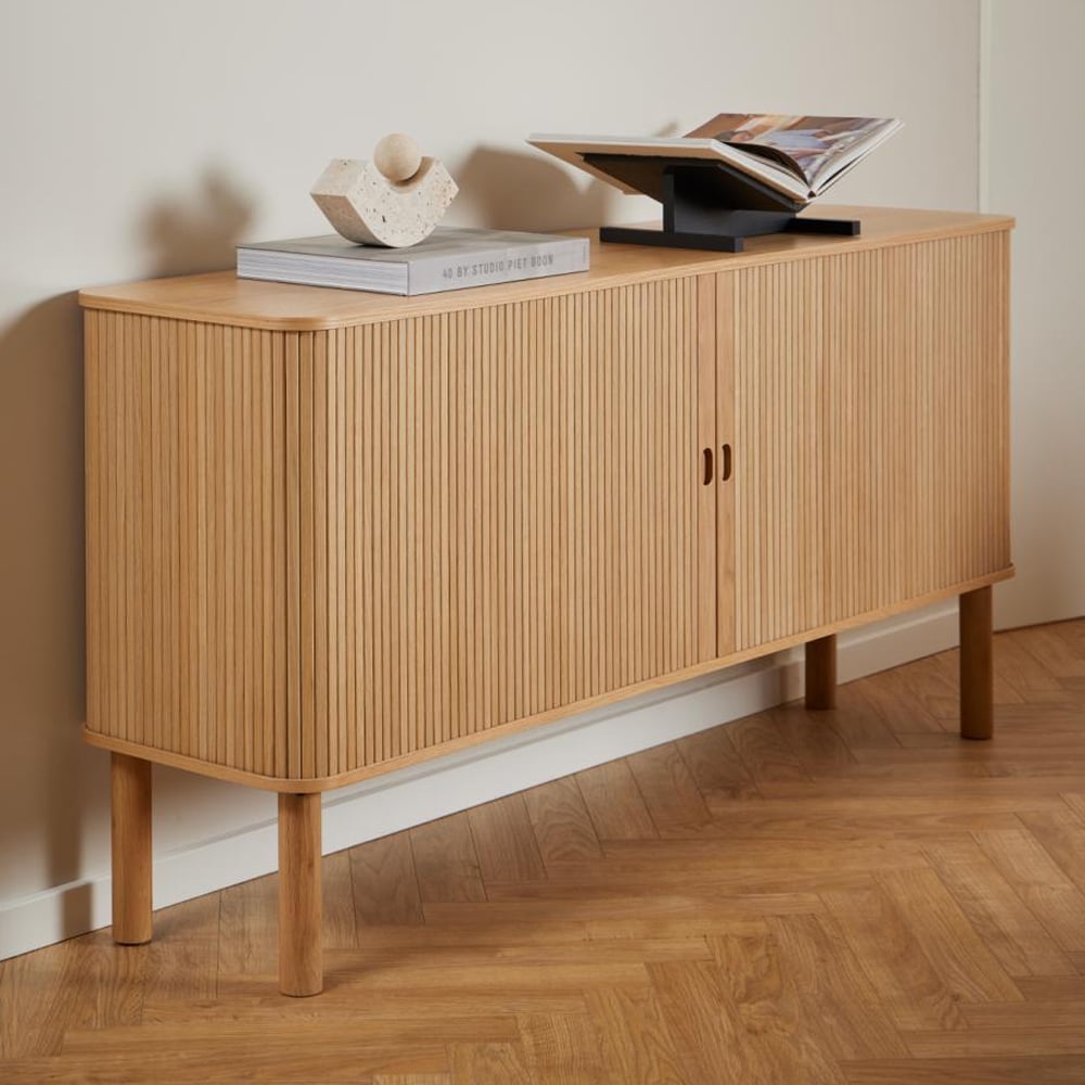 Lewiston Wide Wooden Storage Cabinet With 2 Sliding Doors In Oak