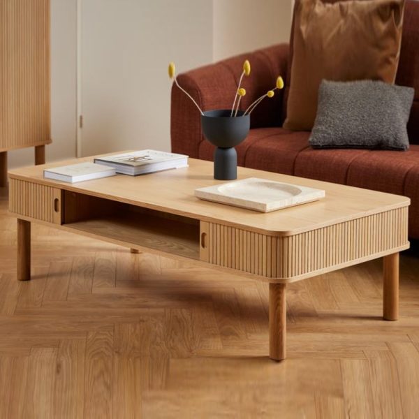 Lewiston Wooden Coffee Table With 2 Sliding Doors In Oak | Bed Sava