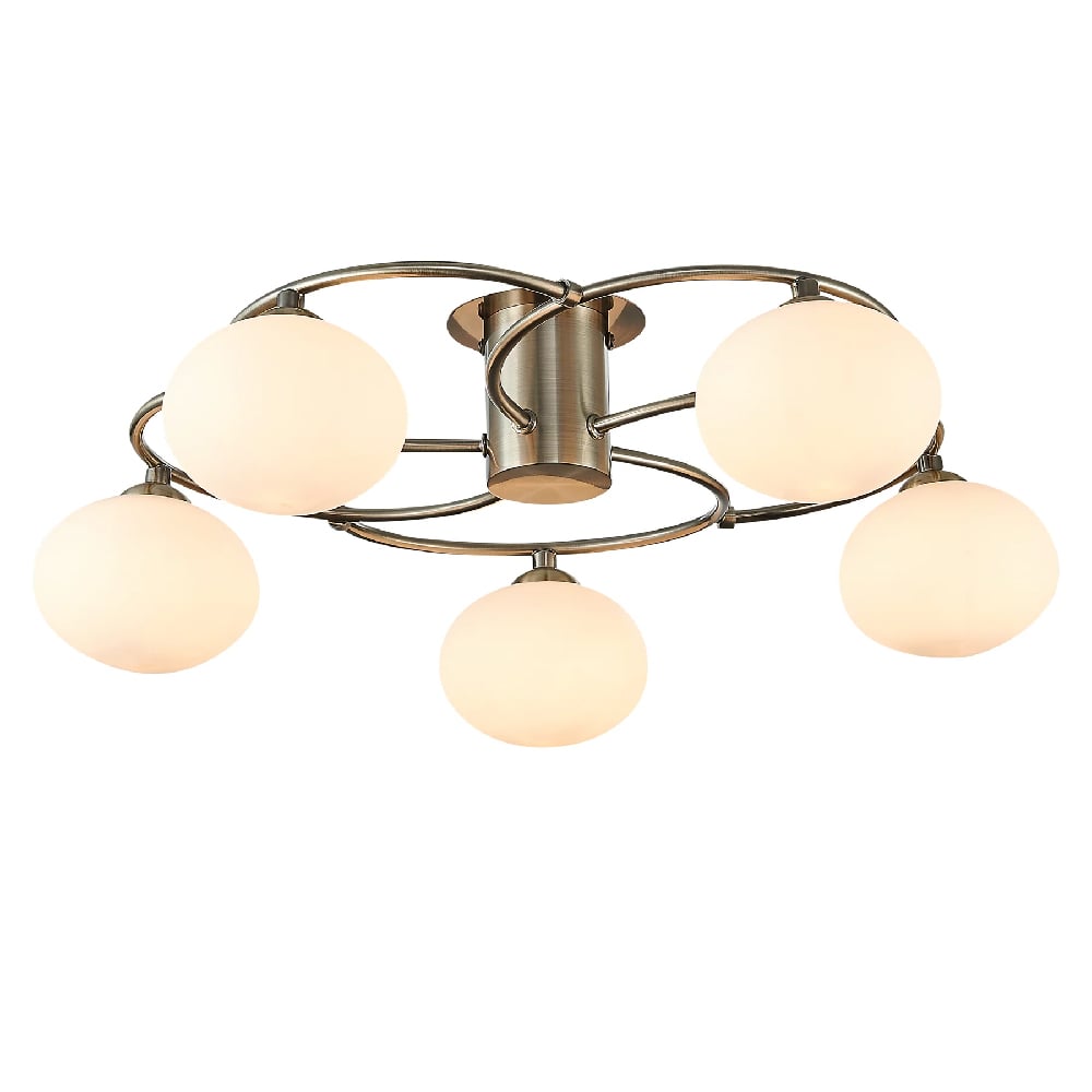 Leyburn 5 Light Glass Shade Flush Light In Antique Brass