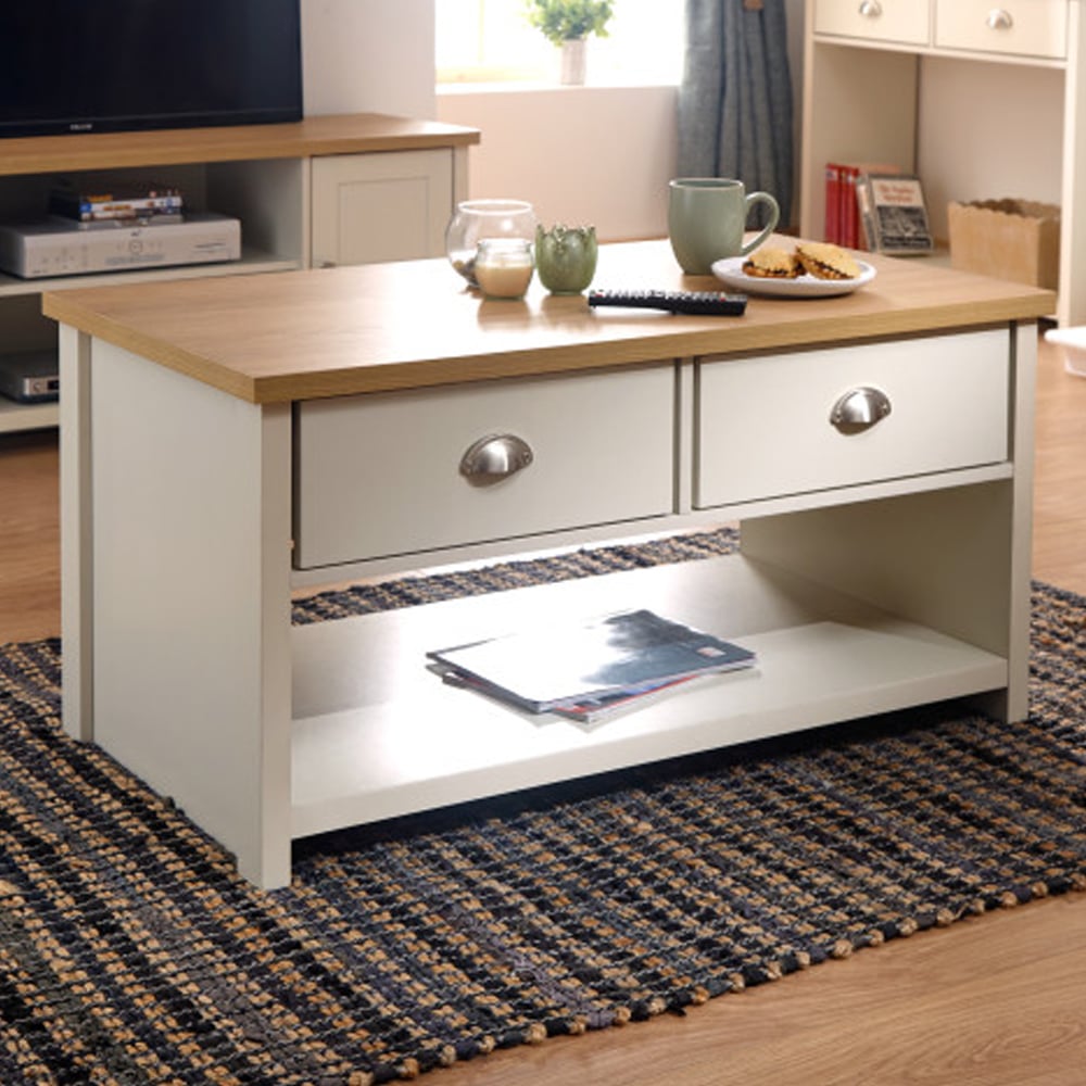 Loftus Wooden Coffee Table With 2 Drawers In Cream And Oak