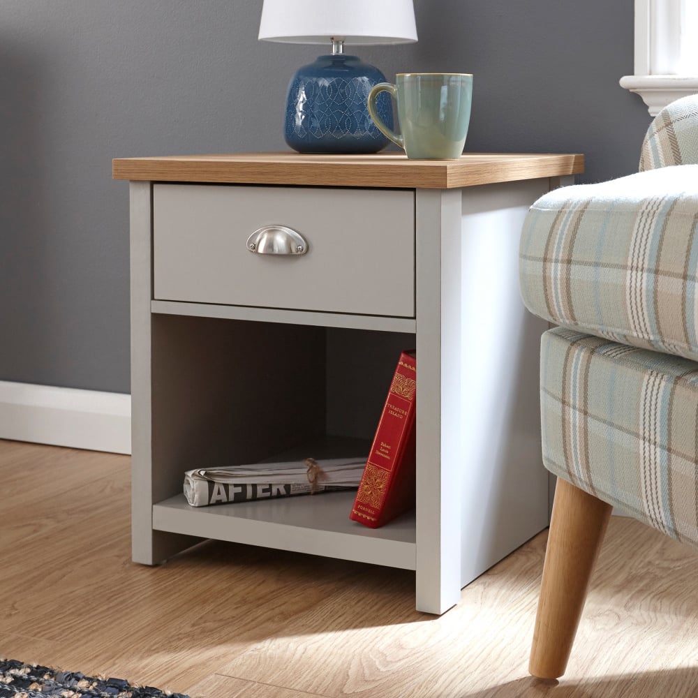 Loftus Wooden Lamp Table With 1 Drawer In Grey And Oak