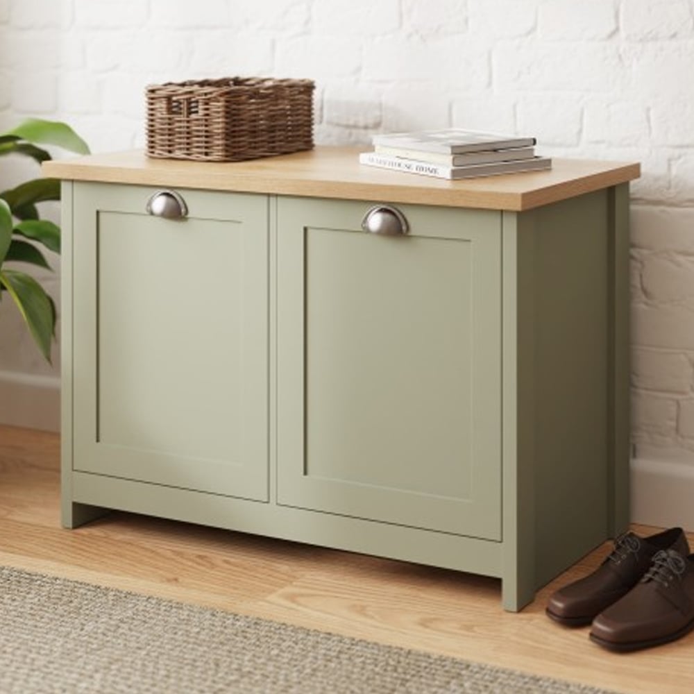 Loftus Wooden Shoe Cabinet With 2 Doors In Sage Green And Oak