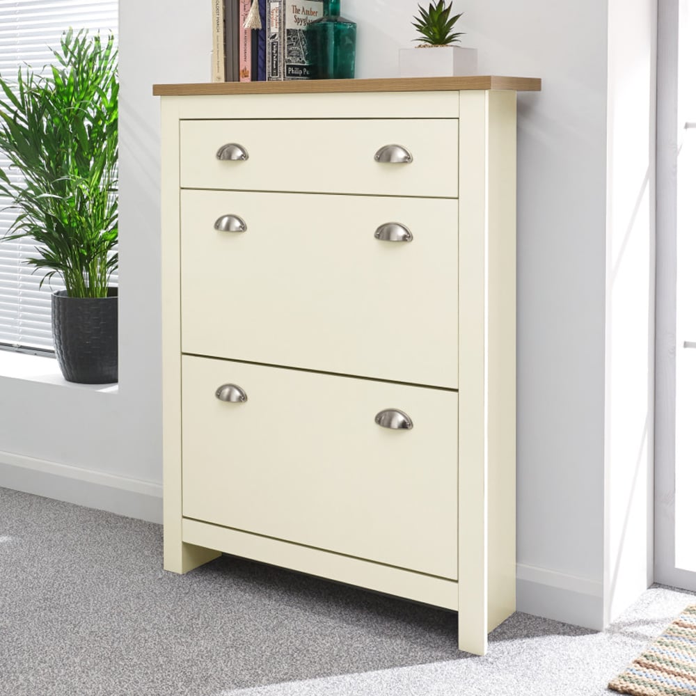 Loftus Wooden Shoe Cabinet With 2 Flap Doors In Cream And Oak
