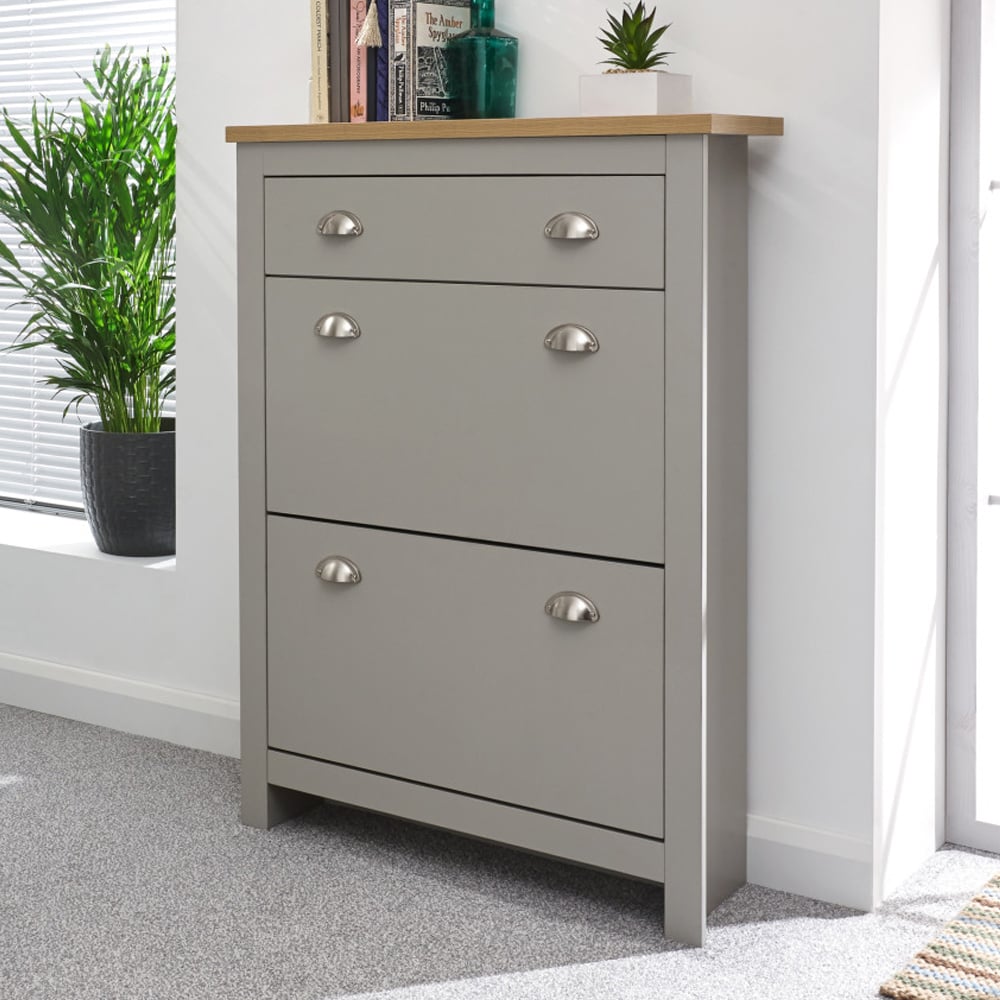 Loftus Wooden Shoe Cabinet With 2 Flap Doors In Grey And Oak