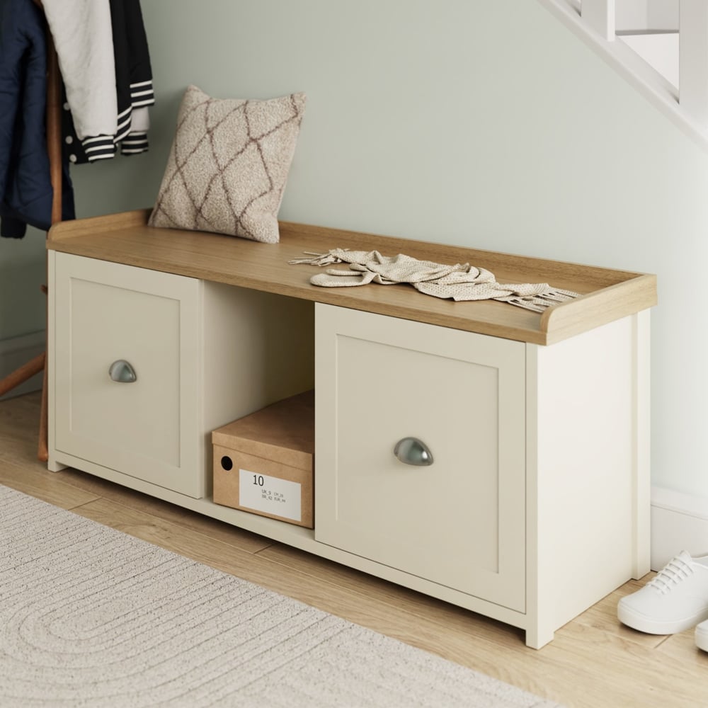 Loftus Wooden Shoe Storage Bench With 2 Doors In Cream And Oak
