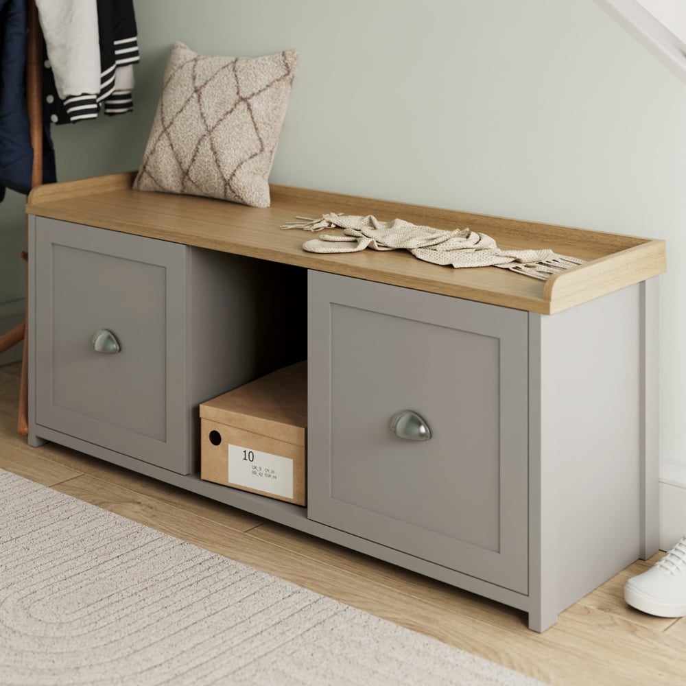 Loftus Wooden Shoe Storage Bench With 2 Doors In Grey And Oak