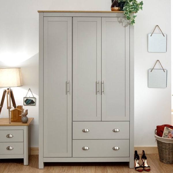 Loftus Wooden Wardrobe With 3 Doors 2 Drawers In Grey And Oak | Bed Sava