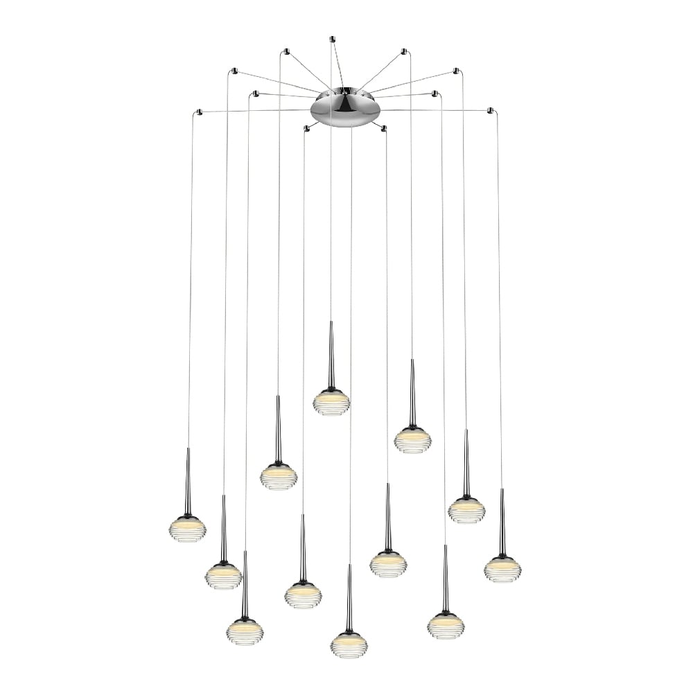 Lola LED 12 Light Ridged Glass Pendant Light In Chrome