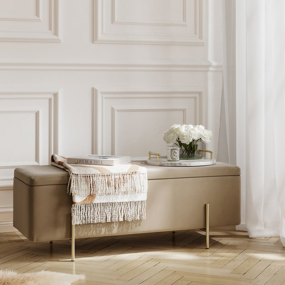 Lola Velvet Storage Ottoman With Gold Legs In Beige