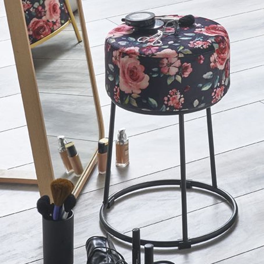 Loleta Textile Fabric Stool In Rose Black Motif