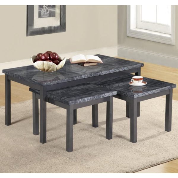 Lore Gloss Nesting Coffee Tables In Charcoal Black Marble Effect | Bed Sava