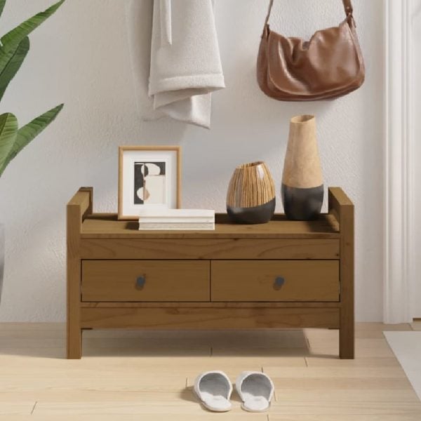 Lorman Wooden Hallway Seating Bench With 2 Drawer In Honey Brown | Bed Sava