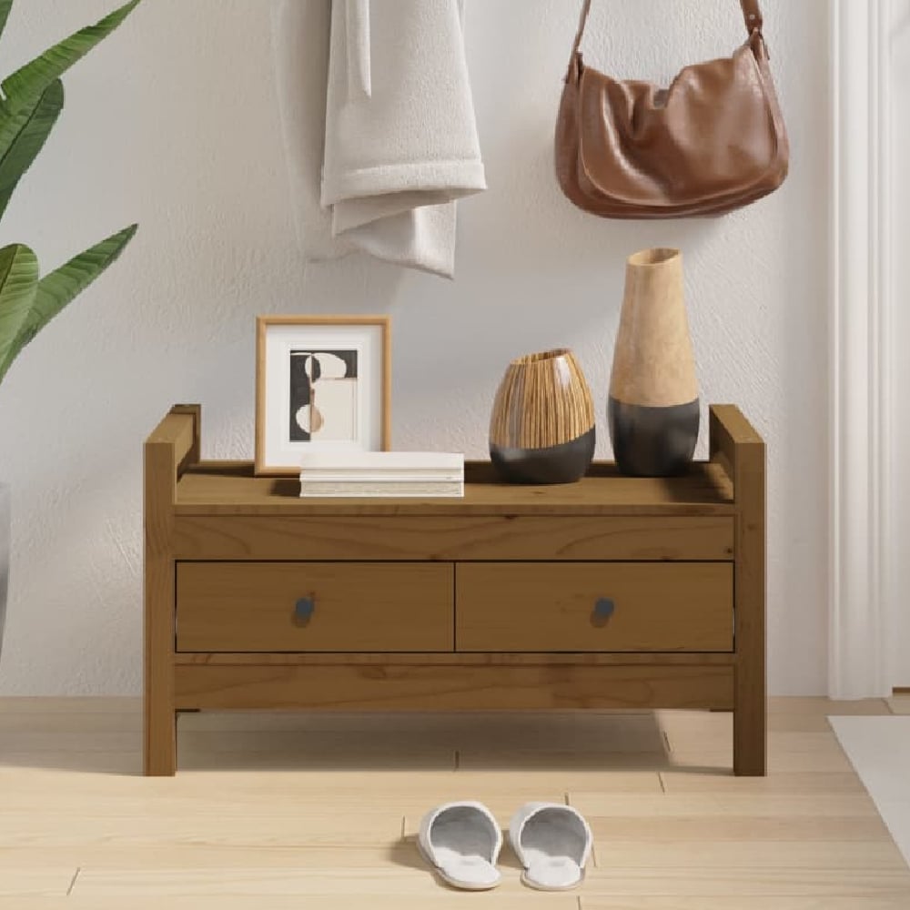 Lorman Wooden Hallway Seating Bench With 2 Drawer In Honey Brown