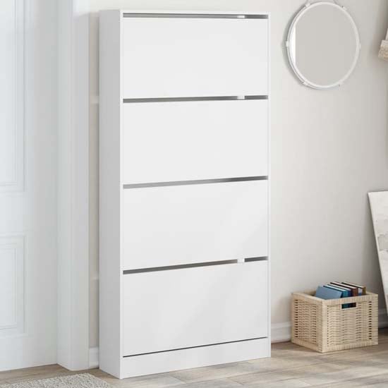 Lowell Shoe Storage Cabinet With 4 Flip-Drawers In White