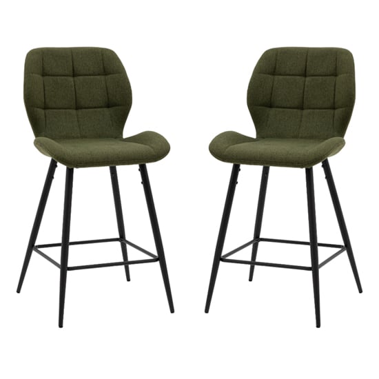 Macerata Bottle Green Fabric Bar Stools With Black Legs In Pair