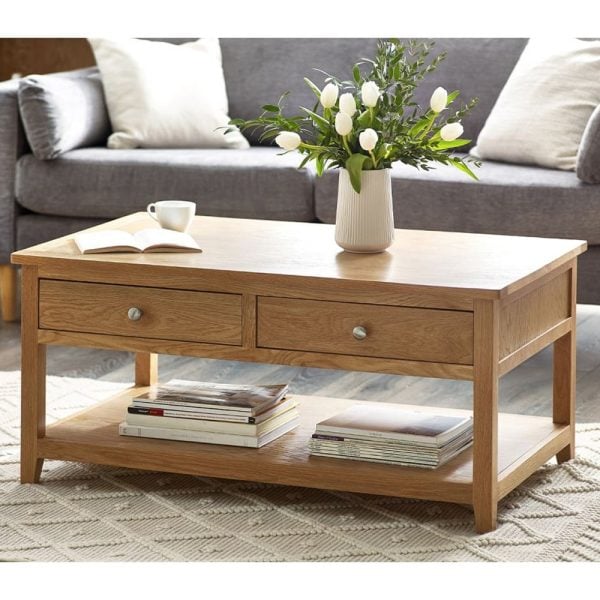 Macon Wooden Coffee Table With 2 Drawers In Oak | Bed Sava