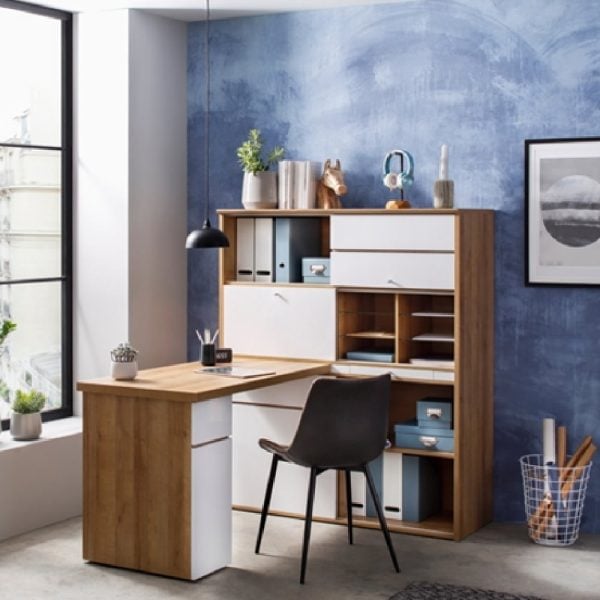 Macon Wooden Computer Desk Corner With Bookcase In Oak And White | Bed Sava