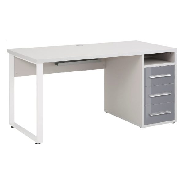 Macon Wooden Laptop Desk With 3 Glass Drawers In Platinum Grey | Bed Sava