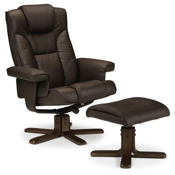 Maeryn Faux Leather Recliner Chair And Foot Stool In Brown | Bed Sava