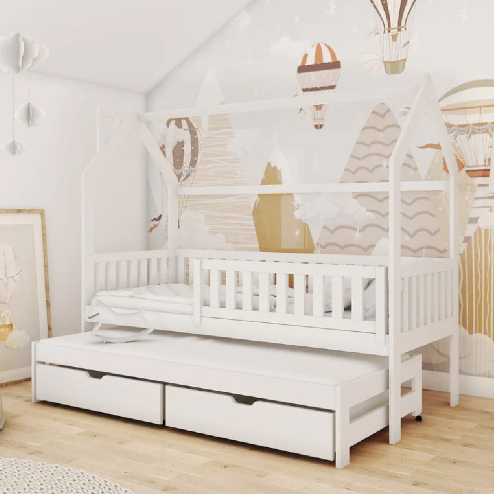 Mainz Wooden Day Bed With Foam Mattress And Trundle In White