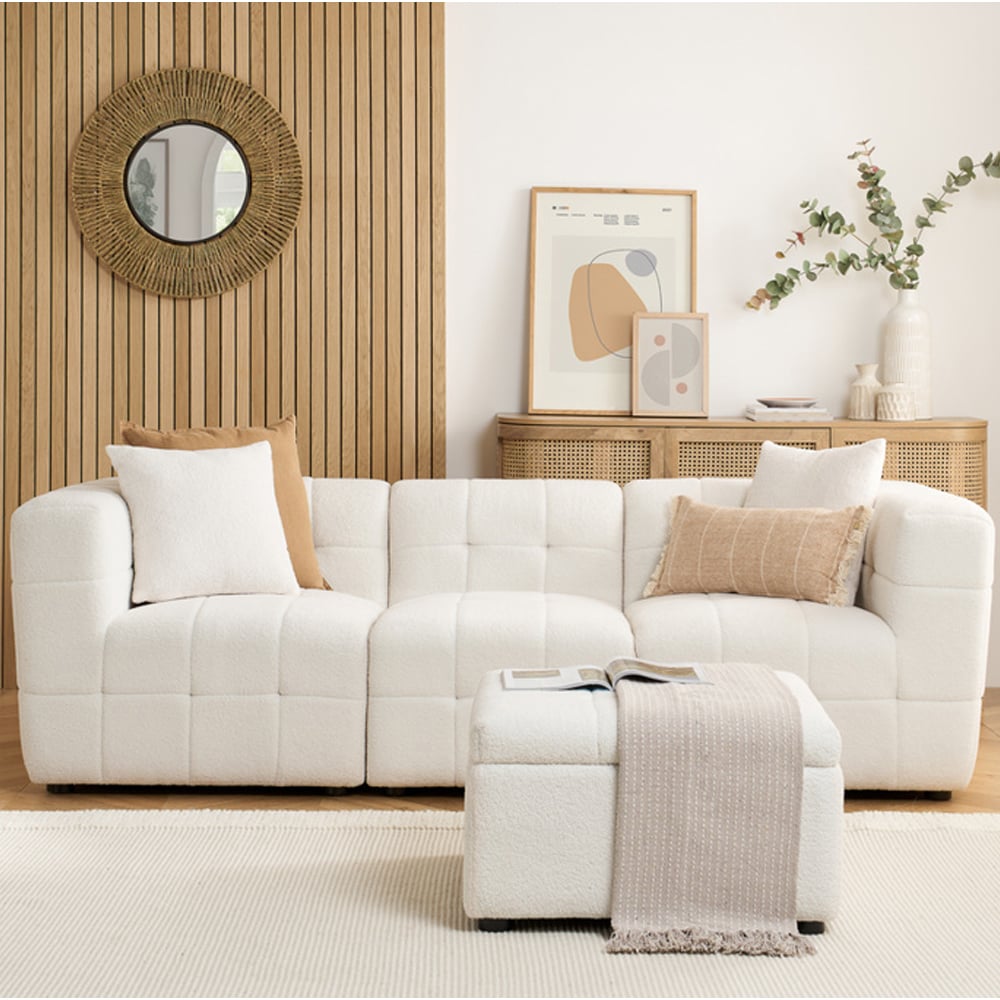 Maize Fabric 3 Seater Sofa With Ottoman In White
