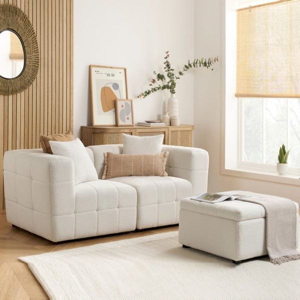 Maize Fabric 2 Seater Sofa With Ottoman In White | Bed Sava