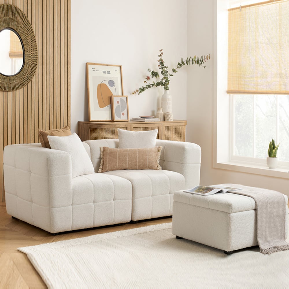 Maize Fabric 2 Seater Sofa With Ottoman In White