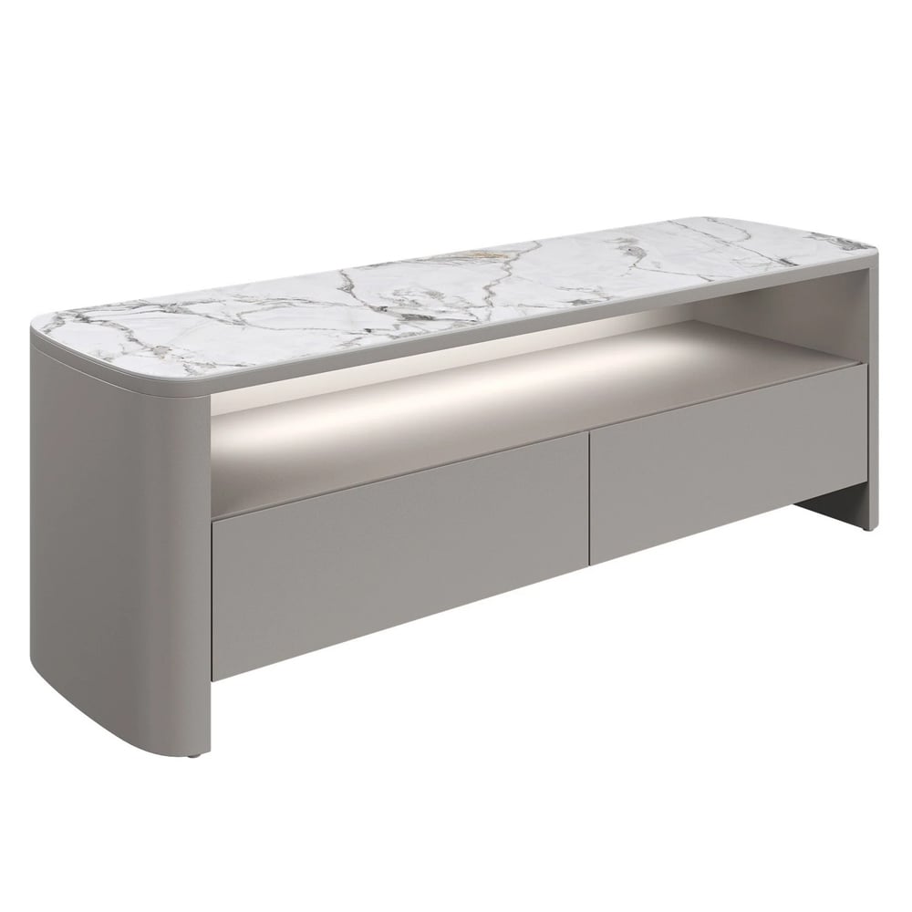 Malone Grey Gloss TV Stand With White Ceramic Top And LED Lights