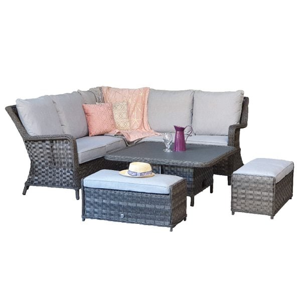 Malti Glass Top Garden Lift Up Dining Set With 2 Ottomans In Grey | Bed Sava