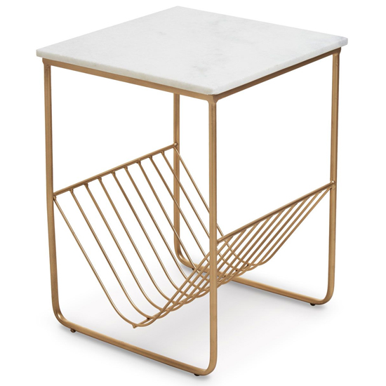 Mania Square White Marble Top Side Table With Gold Frame