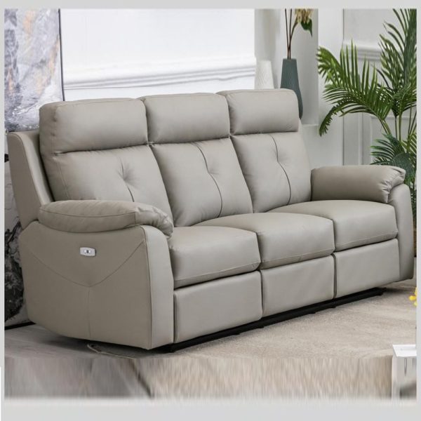 Manila Leather Electric Recliner 3 Seater Sofa In Moon | Bed Sava