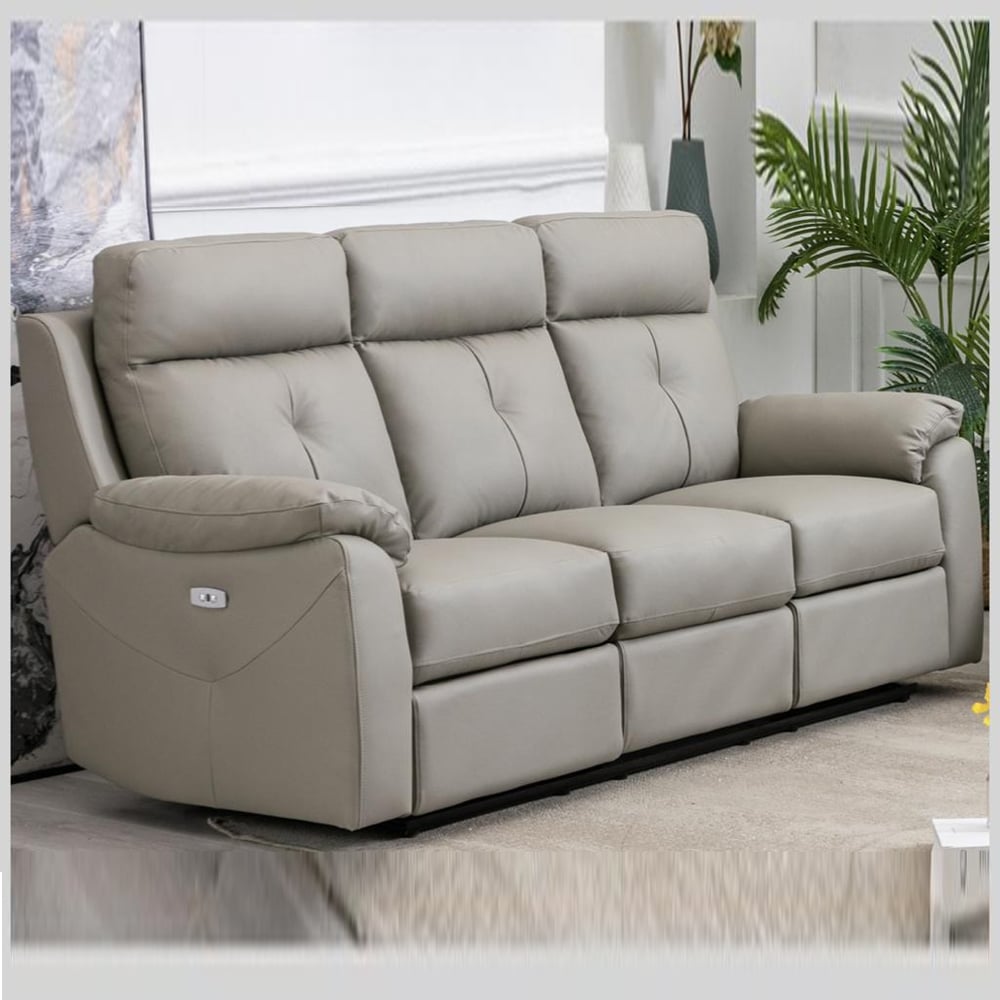 Manila Leather Electric Recliner 3 Seater Sofa In Moon