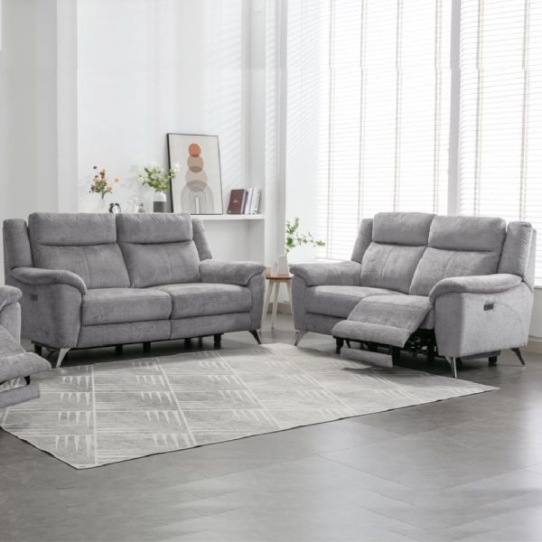 Mankato Fabric Electric Recliner 3+2 Seater Sofa Set In Ash | Bed Sava