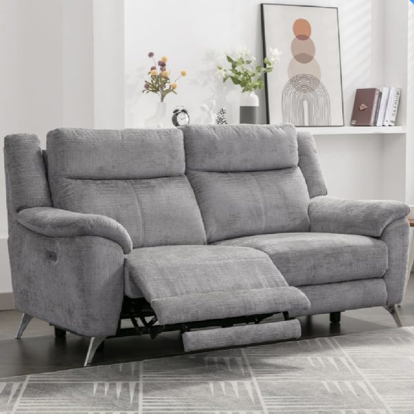 Mankato Fabric Electric Recliner 3 Seater Sofa In Ash | Bed Sava